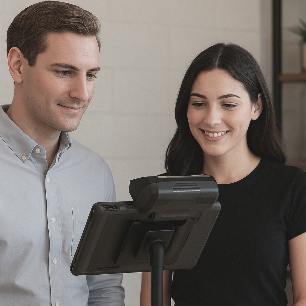 Terminal Sunimi V3 MIX, dwóch klientów spogląda na urządzenie